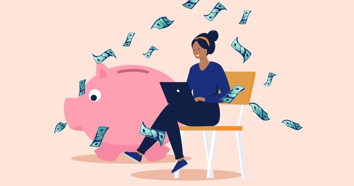 illustration of a woman on her computer in front of a piggy bank with money floating in the air